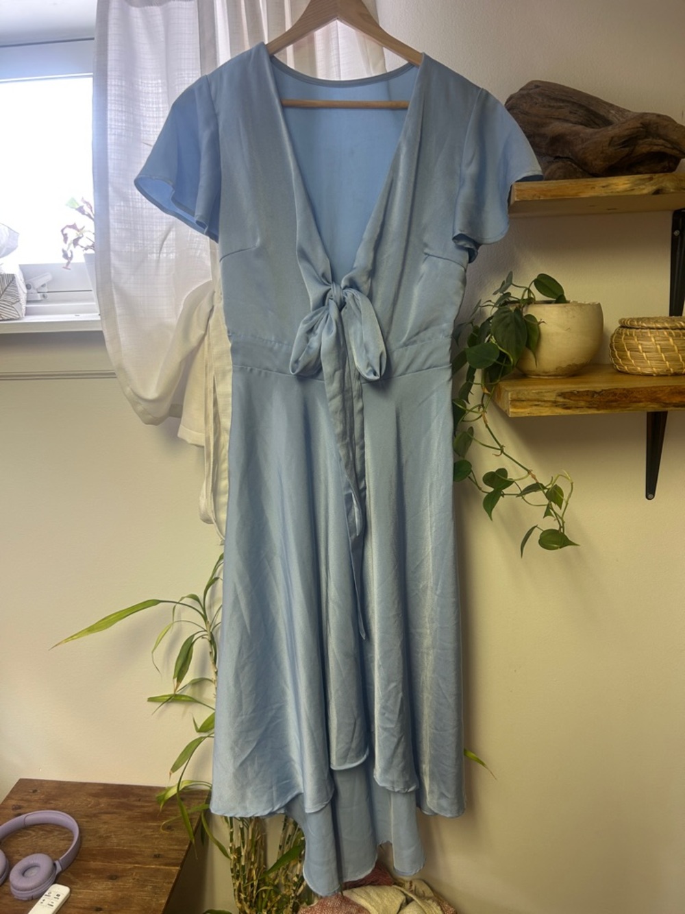 Light Blue Tie-Front Midi Dress